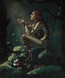  animal artist_name commentary curly_hair dryad english_commentary eyelashes fantasy female forest highres holding holding_animal leaf light_rays long_hair monster_girl mouse_(animal) mushroom nature nude original outdoors parted_lips plant_girl red_hair sesart solo tree watermark 