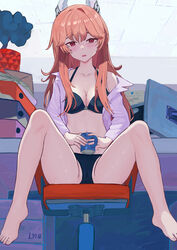  absurdres animal_ear_fluff animal_ears artist_name bare_legs barefoot black_bra black_panties blush bra bra_strap breasts cleavage coffee_mug collarbone commission cup feet female full_body girls&#039;_frontline highres holding holding_cup legs long_hair long_sleeves looking_at_viewer lyib medium_breasts mug open_clothes open_mouth open_robe panties persica_(girls&#039;_frontline) red_eyes red_hair robe sidelocks simple_background sitting solo spread_legs thighs toes underwear white_robe 