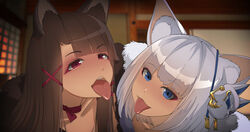  2girls akagi_(azur_lane) akagi_(plum_and_snow)_(azur_lane) animal_ear_fluff azur_lane black_kimono blue_eyes brown_hair fur-trimmed_kimono fur_trim hair_ornament highres indoors japanese_clothes kaga_(azur_lane) kaga_(white_fox&#039;s_new_year)_(azur_lane) kimono kitsune long_hair looking_at_viewer mask mask_on_head medium_hair multiple_girls official_alternate_costume red_eyes red_ribbon ribbon tongue tongue_out tucciao white_hair white_kimono x_hair_ornament 