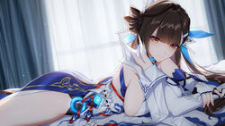  absurdres bad_source blush breasts brown_eyes brown_hair china_dress chinese_clothes dress female gloves highres honkai_(series) honkai_impact_3rd large_breasts li_sushang li_sushang_(jade_knight) long_hair looking_at_viewer on_bed smile solo white_dress white_gloves wu_ganlan_cai 