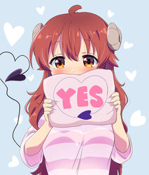  ahoge brown_hair commentary curled_horns demon_girl demon_horns demon_tail expressive_tail female hair_ornament horns long_hair machikado_mazoku mukaibi_aoi solo sweater tail yes yes-no_pillow 