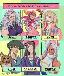  2boys 4girls animal_ears aqua_eyes aqua_necktie bad_id bad_twitter_id bare_shoulders black_hair black_necktie blonde_hair blunt_bangs boku_no_hero_academia brown_eyes brown_hair canine cardcaptor_sakura character_name collared_shirt commentary copyright_name cowboy_bebop crossover dark-skinned_female dark_skin dorohedoro earrings ein_(cowboy_bebop) eizouken_ni_wa_te_wo_dasu_na! english_commentary english_text eyewear_on_head freckles fuuin_no_tsue gloves green_eyes grey_hair highres howl_(howl_no_ugoku_shiro) howl_no_ugoku_shiro ian_su jewelry kanamori_sayaka kero_(cardcaptor_sakura) kinomoto_sakura long_hair looking_at_viewer mirko multiple_boys multiple_crossover multiple_drawing_challenge multiple_girls necktie noi_(dorohedoro) pink_headwear rabbit_ears rabbit_girl shirt short_hair six_fanarts_challenge sleeveless sleeveless_turtleneck smile spike_spiegel turtleneck upper_body white_gloves 