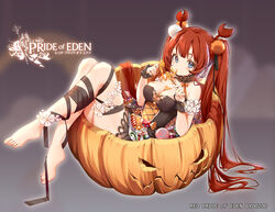  bare_shoulders barefoot black_dress blue_eyes blush breasts candy candy_cane candy_wrapper chinese_commentary cleavage clouble commentary copyright_name copyright_notice dress female fingernails flower food full_body halloween halloween_costume hermit_(pride_of_eden) highres holding jack-o&#039;-lantern legs lollipop long_hair looking_at_viewer medium_breasts official_art red:_pride_of_eden red_hair solo strapless strapless_dress swirl_lollipop toenails toes twintails very_long_hair watermark white_flower wrist_cuffs 