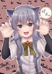  animal_ears arm_warmers bow bowtie fake_animal_ears female green_bow green_bowtie green_hairband grey_eyes grey_hair hairband highres kantai_collection long_hair plaid plaid_bow plaid_bowtie ryouki_(ryoki_215) shirt sidelocks solo upper_body wavy_hair white_shirt yamagumo_(kancolle) 