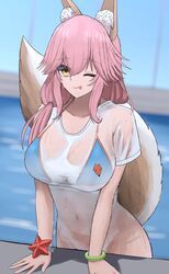  absurdres animal_ear_fluff animal_ears bikini bikini_top_only blue_bikini bottomless breasts closed_mouth collarbone covered_navel fate/grand_order fate_(series) female fox_ears fox_print fox_tail highres indoors large_breasts long_hair looking_at_viewer navel one_eye_closed pink_hair purasu_haven see-through shirt solo swimsuit t-shirt tail tamamo_(fate) tamamo_no_mae_(swimsuit_lancer)_(fate) tamamo_no_mae_(swimsuit_lancer)_(second_ascension)_(fate) tongue wet wet_clothes wet_shirt yellow_eyes 