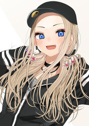  :d a_sore_pon_desu! absurdres baseball_cap black_choker black_hat black_jacket blush brown_background chigita_natsume choker collarbone commentary_request earrings female forehead grey_shirt hands_up hat highres jacket jewelry kentaurosu light_brown_hair long_hair long_sleeves looking_at_viewer low_twintails nail_art oerba_yun_fang parted_bangs shirt sleeves_past_wrists smile solo textless_version twintails two-tone_background upper_body white_background 