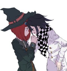  1boy :d black_hair black_scarf brown_shirt brown_vest buttons checkered_clothes checkered_scarf closed_eyes danganronpa_(series) danganronpa_v3:_killing_harmony double-breasted dress_shirt female flipped_hair green_headwear green_jacket hair_ornament hat holding_hands jacket jingle_(mhb729) multicolored_hair oma_kokichi open_clothes open_jacket open_mouth scarf shirt smile two-tone_hair two-tone_shirt vest white_jacket white_scarf witch_hat yumeno_himiko 