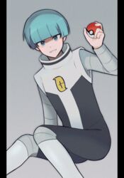  1boy blunt_bangs boots commentary_request furosushi green_hair grey_background grey_shirt hand_up holding holding_poke_ball logo long_sleeves male_focus poke_ball poke_ball_(basic) pokemon pokemon_dppt shirt short_hair simple_background sitting smile solo team_galactic team_galactic_grunt team_galactic_uniform white_footwear 