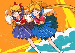  2girls aino_minako bishoujo_senshi_sailor_moon bishoujo_senshi_sailor_moon_s blonde_hair blue_sailor_collar blue_skirt bow brooch closed_mouth cosmic_heart_compact double_bun floating_hair hair_bun hairbow heart heart_brooch imitating itou_ikuko_(style) jewelry juuban_middle_school_uniform kneehighs leg_up long_hair long_sleeves multiple_girls murimajimuri orange_background parted_bangs pleated_skirt red_bow running sailor_collar school_uniform serafuku shirt skirt socks tsukino_usagi twintails very_long_hair white_legwear white_shirt 