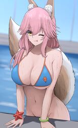  absurdres animal_ear_fluff animal_ears bikini bikini_top_only blue_bikini blush bottomless breasts cleavage closed_mouth collarbone fate/grand_order fate_(series) female fox_ears fox_print fox_tail highres indoors large_breasts long_hair looking_at_viewer navel one_eye_closed pink_hair purasu_haven solo swimsuit tail tamamo_(fate) tamamo_no_mae_(swimsuit_lancer)_(fate) tongue yellow_eyes 