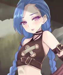  arcane:_league_of_legends arcane_jinx bare_shoulders blue_hair blurry blurry_background blush braid breasts closed_mouth crop_top female gloves jinx_(league_of_legends) kohana_(princessxhana) league_of_legends long_hair red_eyes smile solo standing twin_braids upper_body 