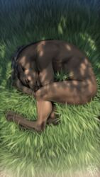  2021 anthro athletic athletic_anthro athletic_male canid canine canis crouching curled_up day detailed_background digital_media_(artwork) feet fetal_pose fingers grass hi_res kero_tzuki male mammal mythological_canine mythological_creature mythology nude outside plant sleeping solo toes were werecanid werecanine werewolf wolf 