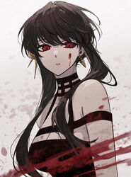  bare_shoulders black_dress black_hair blood blood_on_face blood_splatter breasts cleavage dress earrings female half-closed_eyes highres itou_(very_ito) jewelry lipstick looking_at_viewer makeup medium_breasts parted_lips red_eyes red_lips solo spy_x_family upper_body yor_briar 