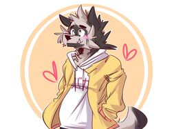  2020 anthro black_nose blush clothing dave_(password) fur grey_body grey_fur half-length_portrait hand_in_pocket heart_symbol hi_res hikari_mikazuki hoodie hyena japanese_text male mammal neck_tuft password_(visual_novel) pockets portrait shirt simple_background smile solo standing striped_hyena text topwear tuft 