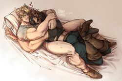  2boys aged_down arm_hug bara bare_shoulders battle_tendency bed bed_sheet belt blonde_hair blue_eyes blush brown_hair caesar_anthonio_zeppeli catneylang collaboration couple crossed_legs facial_mark feather_hair_ornament feathers full_body gradient_hair green_eyes hair_ornament headband heart highres hug indoors jojo_no_kimyou_na_bouken joseph_joestar joseph_joestar_(young) kuromegarin looking_at_another lying male_focus mask masked multicolored_hair multiple_boys muscular muscular_male on_back on_bed pants pillow shoes short_sleeves smile yaoi 