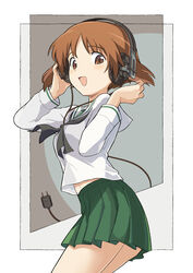  :d absurdres bad_id bad_pixiv_id black_neckerchief blouse brown_eyes brown_hair commentary cowboy_shot ennui_orz female from_side girls_und_panzer green_skirt hand_on_headphones headphones highres leaning_forward long_sleeves looking_at_viewer looking_back miniskirt neckerchief nishizumi_miho ooarai_school_uniform open_mouth outside_border pleated_skirt school_uniform serafuku shirt short_hair skirt smile solo standing white_shirt 