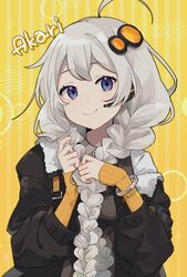  blue_eyes bomber_jacket bracelet braid character_name commentary elbow_gloves female fingerless_gloves gloves grey_hair hair_ornament head_tilt headset holding holding_own_hair jacket jewelry kizuna_akari long_hair looking_at_viewer orange_gloves sahata_saba smile solo striped_background striped_clothes striped_gloves twin_braids upper_body very_long_hair vocaloid voiceroid yellow_background 