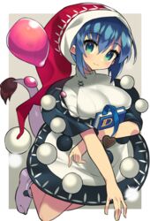  blue_eyes book bookmark breasts closed_mouth doremy_sweet dream_soul dress female fingernails green_eyes hair_between_eyes hat looking_at_viewer medium_breasts multicolored_eyes nightcap pom_pom_(clothes) red_hat sakaki_(utigi) short_hair smile socks solo tail tail_raised tapir_tail touhou turtleneck white_footwear 