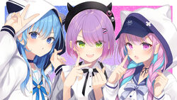  3girls :d :o anchor_symbol animal_ears animal_hood arm_up bad_id bad_pixiv_id badge beret black_beret blue_bow blue_eyes blue_hair blue_nails blue_sailor_collar blush bow braid button_badge cat_hood collared_shirt commentary dress_shirt ear_piercing earrings english_commentary fake_animal_ears fake_horns frilled_sailor_collar frills green_eyes grey_jacket hair_between_eyes hair_ornament hairclip hat hat_under_hood highres hololive hood hood_up hooded_jacket horned_headwear horns hoshimachi_suisei hoshimachi_suisei_(school_uniform) jacket jewelry jirai_kei long_hair long_sleeves minato_aqua minato_aqua_(sailor) multicolored_hair multiple_girls nail_polish official_alternate_costume open_clothes open_jacket parted_lips piercing pink_hair puffy_long_sleeves puffy_sleeves purple_eyes purple_hair sailor_collar sasahara_wakaba school_uniform serafuku shirt sleeveless sleeveless_shirt smile startend_(hololive) tokoyami_towa tokoyami_towa_(jirai_kei) twin_braids two-tone_hair upper_body v virtual_youtuber white_sailor_collar white_shirt x_hair_ornament 