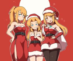  3girls absurdres alternate_costume bare_shoulders belt black_thighhighs blonde_hair blue_eyes blunt_bangs blush breasts chest_jewel christmas dangle_earrings dress earrings hand_on_own_hip hat highres jewelry long_hair metroid multiple_girls mythra_(massive_melee)_(xenoblade) mythra_(xenoblade) omura_zojiki pantyhose ponytail princess_zelda samus_aran santa_costume santa_hat short_dress side_slit strapless strapless_dress super_smash_bros. swept_bangs the_legend_of_zelda the_legend_of_zelda:_a_link_between_worlds thighhighs very_long_hair xenoblade_chronicles_(series) xenoblade_chronicles_2 yellow_eyes 