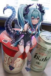  ahoge bangs banned_artist bare_shoulders beer_can black_bow black_dress black_nails blue_eyes blue_hair blue_sleeves bow breasts can commentary cup_noodle detached_sleeves dragon_girl dragon_horns dragon_tail dress eyebrows_visible_through_hair female grin hair_between_eyes hairbow hatsune_miku highres horns long_hair long_sleeves looking_at_viewer medium_breasts minigirl monitor nail_polish noodle_stopper purple_footwear purple_sleeves sharp_teeth shoes sidelocks sitting sleeves_past_wrists smile solo tail teeth twintails v-shaped_eyebrows very_long_hair vocaloid yuuka_nonoko 