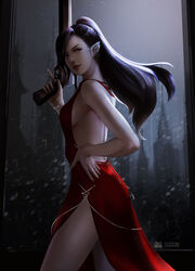  absurdres animal_ears backless_dress backless_outfit black_hair bracelet breasts dress elezen elf female final_fantasy final_fantasy_xiv from_side gun hand_on_own_hip highres hilda_ware holding holding_gun holding_weapon hyur jewelry lips llen_chabbie long_hair looking_at_viewer machinist_(final_fantasy) medium_breasts pointy_ears ponytail red_dress red_eyes side_slit solo weapon 