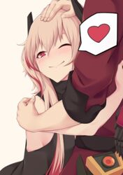  1other absurdres act_(xadachit) banana_(girls&#039;_frontline) blonde_hair blush commander_(girls&#039;_frontline) commentary dinergate_(girls&#039;_frontline) female girls&#039;_frontline griffin_&amp;_kryuger_military_uniform headpat heart highres hug m4_sopmod_ii_(girls&#039;_frontline) non-humanoid_robot one_eye_closed red_eyes robot smile solo_focus spoken_heart 