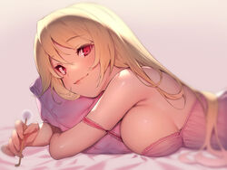  anthro azur_lane bed blonde_hair blush breasts close long_hair nelson_(azur_lane) no_bra pokachu red_eyes sideboob 