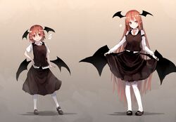  &gt;:) 2girls alternate_hair_length alternate_hairstyle armband bat_wings blush breasts bright_pupils collarbone collared_shirt commentary contrapposto curtsey dress_shirt dual_persona full_body futatsuki_eru garter_straps gradient_background hair_between_eyes hand_on_own_hip head_tilt head_wings heart height_difference koakuma large_breasts lifting_own_clothes loafers long_hair long_sleeves low_wings multiple_girls necktie pigeon-toed pointy_ears red_eyes red_hair red_necktie shirt shoes short_hair short_sleeves simple_background skirt skirt_hold skirt_set slit_pupils smile thighhighs touhou v-shaped_eyebrows very_long_hair white_legwear white_pupils wings zettai_ryouiki 