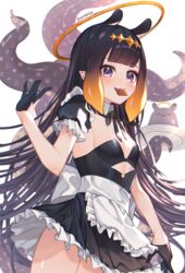  2nii :3 adapted_costume alternate_costume artist_name blunt_bangs blush breasts cookie enmaided female food food_in_mouth gloves gradient_hair half_gloves halo hime_cut hololive hololive_english long_hair maid mole mole_under_eye multicolored_hair ninomae_ina&#039;nis ninomae_ina&#039;nis_(1st_costume) orange_hair plate pointy_ears purple_eyes purple_hair sidelocks takodachi_(ninomae_ina&#039;nis) tentacle tentacle_hair very_long_hair virtual_youtuber 