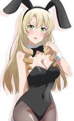  animal_ears black_bow black_bowtie black_leotard black_pantyhose blonde_hair blush bow bowtie breasts cleavage commentary_request covered_navel dars_(recolors) detached_collar drill_hair fake_animal_ears female green_eyes hand_up leotard long_hair looking_at_viewer medium_breasts miura_yumiko open_mouth pantyhose playboy_bunny rabbit_ears solo strapless strapless_leotard white_background wrist_cuffs yahari_ore_no_seishun_lovecome_wa_machigatteiru. 