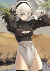  2b_(nier:automata) arms_up black_hairband breasts cleavage_cutout clothing_cutout commentary cowboy_shot desert english_commentary fadingz feather-trimmed_sleeves female green_eyes hairband highleg highleg_leotard highres juliet_sleeves leotard long_sleeves making-of_available mixed-language_commentary mole mole_under_mouth nier:automata nier_(series) no_blindfold puffy_sleeves short_hair signature solo white_hair white_leotard 