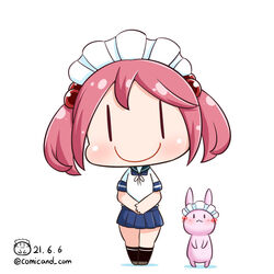  artist_logo black_socks blue_sailor_collar blue_skirt blush chibi closed_mouth dated female grey_footwear kantai_collection kneehighs looking_at_viewer maid_headdress one-hour_drawing_challenge pink_hair pleated_skirt rabbit sailor_collar sazanami_(kancolle) school_uniform serafuku shiromaru_(maniado) shirt shoes short_hair simple_background skirt smile socks solo twintails twitter_username white_background white_shirt 