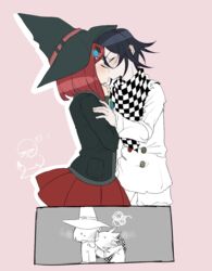  1boy black_hair black_headwear black_jacket blush buttons checkered_clothes checkered_scarf closed_eyes danganronpa_(series) danganronpa_v3:_killing_harmony double-breasted facing_another female grey_background hair_ornament hat jacket jingle_(mhb729) kissing medium_hair oma_kokichi pleated_skirt red_hair red_skirt scarf short_hair simple_background skirt squiggle straight sweat white_jacket witch_hat yumeno_himiko 