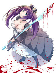  black_choker black_dress black_footwear black_ribbon blood blood_on_clothes boots breasts choker cleavage closed_mouth commentary_request creek_(moon-sky) cross cross_choker dress female full_body fur-trimmed_sleeves fur_trim green_eyes hair_between_eyes hair_ribbon highres holding long_hair long_sleeves looking_at_viewer original oversized_object purple_hair ribbon smile solo standing twintails white_background white_dress 