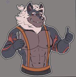  anthro canid canine canis eyewear gesture glasses grey_hair grill hair hand_gesture male mammal mane muscular muscular_male nipples old ponytail scar smash_legends solo suspenders thumbs_up werwolft1 white_hair wolf wolfgang_(smash_legends) 