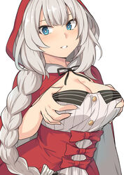  alternate_breast_size black_ribbon blue_eyes braid breasts cleavage corset fate/grand_order fate_(series) female grabbing grabbing_own_breast grey_hair hood large_breasts long_braid long_hair looking_at_viewer marie_antoinette_(fate) marie_antoinette_(festival_outfit)_(fate) official_alternate_costume red_hood red_ribbon ribbon shirt shiseki_hirame simple_background solo upper_body white_background white_shirt 