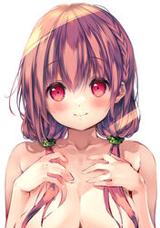  areola_slip armpit_crease blush braid breasts cleavage closed_mouth collarbone colored_eyelashes commentary_request completely_nude cropped female fingernails floating_hair flying_sweatdrops hair_between_eyes hair_over_breasts hands_in_hair hands_on_own_chest hinako_note light_rays long_hair looking_at_viewer low_twintails march-bunny messy_hair nude paid_reward_available pink_hair red_eyes red_hair sakuragi_hinako simple_background smile solo sunbeam sunlight swimsuit tareme twin_braids twintails twitter_username unfinished upper_body white_background 