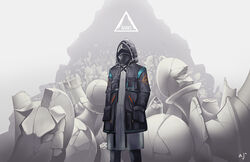  1other ark_john_up arknights babel_logo_(arknights) bishop_(chess) black_coat black_pants breast_pocket broken chess_piece coat doctor_(arknights) facing_viewer feet_out_of_frame grey_background hands_in_pockets hood hood_up hooded_coat knight_(chess) long_sleeves mask open_clothes open_coat pants pawn_(chess) pocket rook_(chess) signature solo standing 