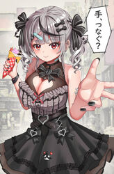  bandaid bandaid_hair_ornament bandaid_on_neck belt black_belt black_dress black_hair black_nails blush breasts cleavage cleavage_cutout clothing_cutout crepe dress drill_hair ear_piercing female food frilled_dress frills grey_hair hair_ornament heart_belt highres hiiragi_melt holding holding_food hololive large_breasts looking_at_viewer multicolored_hair nail_polish official_alternate_costume official_alternate_hairstyle piercing red_eyes sakamata_chloe sakamata_chloe_(jirai_kei) sleeveless sleeveless_dress smile solo streaked_hair twin_drills virtual_youtuber x_hair_ornament 