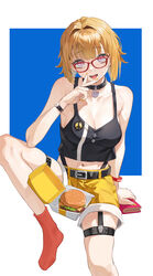  :d absurdres belt black_shirt breasts brown_hair burger chinese_commentary collar collarbone commentary female food foot_out_of_frame girls&#039;_frontline glasses grizzly_mkv_(girls&#039;_frontline) grizzly_mkv_(weekend_cop)_(girls&#039;_frontline) highres holding looking_at_viewer medium_breasts mentha midriff nail_polish navel no_shoes open_mouth orange_nails peace_symbol purple_eyes red_socks shirt short_hair shorts sitting smile socks solo tank_top thigh_strap v_over_mouth watch wristwatch yellow_shorts 