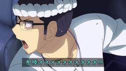  1boy bad_id bad_twitter_id beryl_gut black-framed_eyewear carnival_phantasm commentary dialogue_box eyebrows facial_hair fate/grand_order fate_(series) glasses hachimaki headband hirunagi necktie nejiri_hachimaki open_mouth parody seat shirt short_hair teeth tongue translated white_shirt 