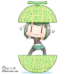  :3 artist_logo black_pantyhose black_shirt blush chibi closed_mouth dated female food fruit green_hair green_skirt grey_footwear kantai_collection long_hair melon meme midriff navel neckerchief one-hour_drawing_challenge orange_neckerchief pantyhose parody pleated_skirt sazae-san sazae-san_food_gag_(meme) shiromaru_(maniado) shirt shoes simple_background skirt solo split twitter_username white_background yuubari_(kancolle) |_| 