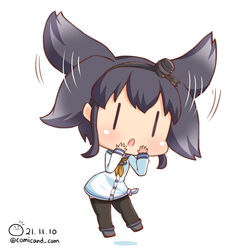  black_hair black_pantyhose blue_sailor_collar blush chibi commentary_request dated dress female floating grey_footwear kantai_collection long_sleeves neckerchief one-hour_drawing_challenge open_mouth pantyhose sailor_collar sailor_dress shiromaru_(maniado) shoes short_hair simple_background solo tokitsukaze_(kancolle) twitter_username white_background white_dress yellow_neckerchief |_| 