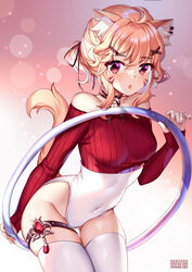  animal_ear_fluff animal_ears artist_name bare_shoulders blonde_hair breasts cat_ears cat_girl commentary covered_navel cowboy_shot facial_mark female gradient_background hair_ornament hand_up highleg highleg_leotard highres hoop hula_hoop lens_flare leotard long_sleeves looking_at_viewer medium_breasts off-shoulder_leotard off_shoulder original parted_lips patreon_username pink_background red_eyes ribbed_leotard short_hair shyrei_faolan skindentation solo squchan standing tail thigh_gap thigh_strap thighhighs thighs twitter_username virtual_youtuber web_address whisker_markings white_background white_thighhighs yellow_tail 