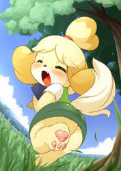  :3 animal_crossing animal_ears ass barefoot blonde_hair blue_sky blush body_fur clipboard closed_eyes cloud commentary_request day dog_ears dog_girl dog_tail dutch_angle female fisheye from_behind full_body furry furry_female grass green_skirt green_vest hair_tie hand_up happy holding horizon isabelle_(animal_crossing) leg_up looking_back miniskirt oerba_yun_fang open_mouth outdoors pawpads pencil_skirt pointing running shiny_clothes shirt short_hair short_sleeves skirt sky smile solo tail topknot tree two-tone_fur ukan_muri vest white_fur white_shirt yellow_fur 