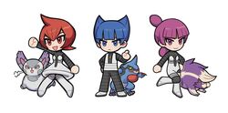  1boy 2girls :d blue_eyes blue_hair blunt_bangs boots chibi closed_mouth commentary_request furosushi hand_up highres jupiter_(pokemon) leg_up mars_(pokemon) multiple_girls open_mouth pokemon pokemon_(creature) pokemon_dppt purple_hair purugly saturn_(pokemon) short_hair skuntank smile standing team_galactic team_galactic_uniform toxicroak white_footwear 