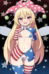  :d arms_behind_back asymmetrical_legwear bikini blonde_hair blue_thighhighs clownpiece commentary_request female hat highres jester_cap long_hair looking_at_viewer mismatched_bikini mismatched_legwear navel open_mouth polka_dot_headwear print_thighhighs red_eyes red_hat red_thighhighs rizento smile solo star_(symbol) star_print starry_background striped_clothes striped_thighhighs swimsuit teeth thigh_gap thighhighs touhou upper_teeth_only wings 