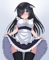  absurdres animal_ear_fluff animal_ears black_hair black_thighhighs blue_eyes blush breasts closed_mouth cowboy_shot dress embarrassed eyelashes eyes_visible_through_hair female forehead frilled_dress frilled_shirt frills garter_straps highres lifting_own_clothes long_hair looking_at_viewer maid mikeran5648 original parted_bangs shirt short_sleeves simple_background solo thighhighs wavy_hair white_background wrist_cuffs 