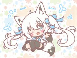  ;3 ahoge alternate_hairstyle animal_ears artist_name black_footwear black_thighhighs blouse blue_ribbon blush_stickers braid catchphrase chibi commentary_request commission female fox_ears fox_girl fox_shadow_puppet fox_tail hair_ribbon highres hololive long_hair mitarashi_neko navel neck_ribbon one_eye_closed open_mouth outstretched_arms pentagram pixiv_commission ribbon shirakami_fubuki shirakami_fubuki_(1st_costume) shirt side_braid single_braid single_thighhigh solo spread_arms tail thighhighs twintails very_long_hair virtual_youtuber white_hair white_shirt wide_sleeves 